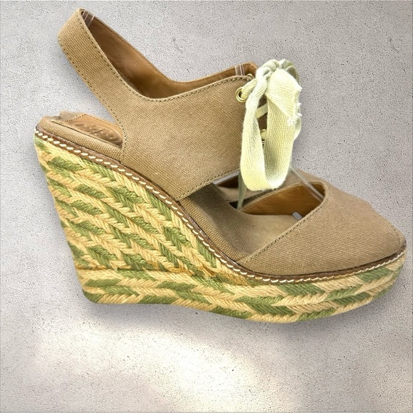 Tory Burch Espadrille Linley Wedge Sandals Brown Canvas with Green/Tan Jute 8M - Picture 4 of 16